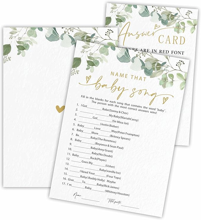 Name That Baby Song Baby Shower Game Cards - Golden Greenery - 30 Double-Sided Fill In Style Game Cards With Answer Card, Gender Reveal, Baby Announcement, Party Games & Activity - D15