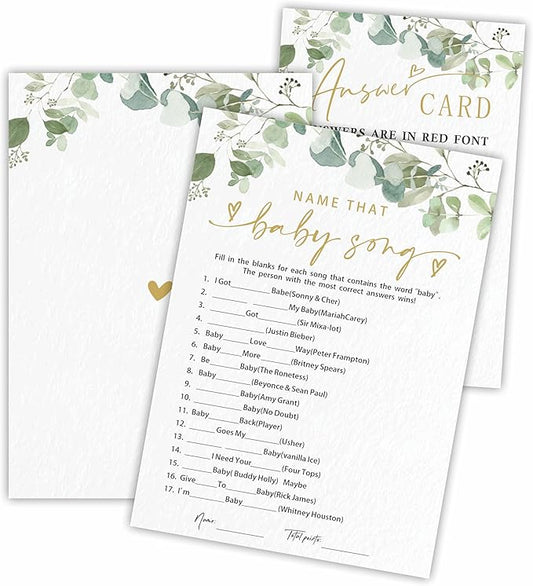 Name That Baby Song Baby Shower Game Cards - Golden Greenery - 30 Double-Sided Fill In Style Game Cards With Answer Card, Gender Reveal, Baby Announcement, Party Games & Activity - D15