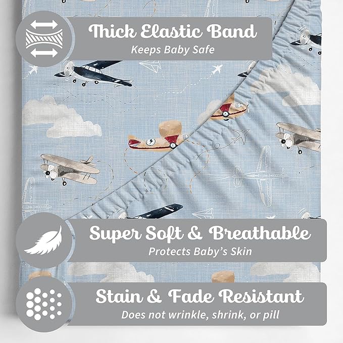 Baby Changing Pad Cover 2-Pack for Boys, Girls (Watercolor Airplanes and Clouds) - Premium Fitted Sheets Baby Diaper Changing Table Cover - Buttery Soft Cotton Blend