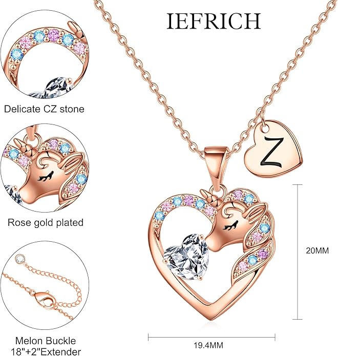 Unicorn Necklace Gifts for Girls Kids - Colorful CZ Heart Initial Necklaces Unicorn Necklace for Girls Jewelry Birthday Gifts for Little Girl Kids