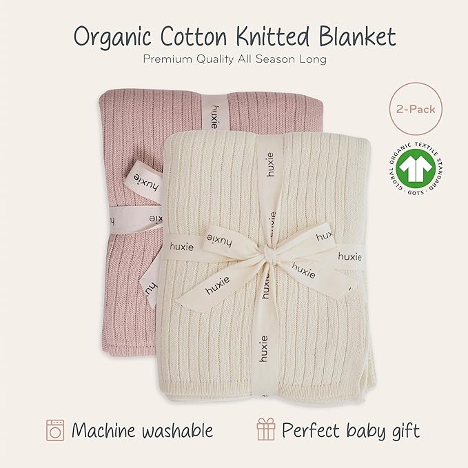 Knitted Organic Cotton Baby Blanket- Swaddle Blanket, 30" x 40" Soft Receiving Blanket for Newborn 2-Pack (Soft White and Blush)