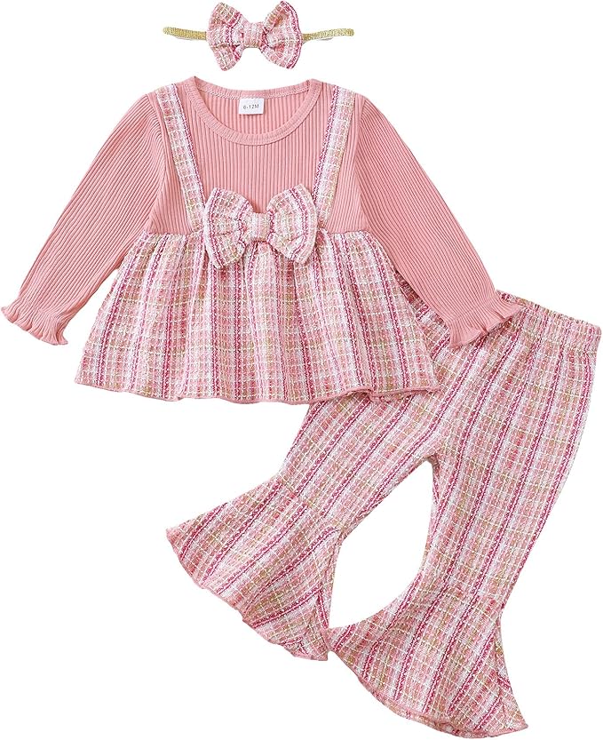 Kucnuzki Toddler Baby Girl Clothes Outfit Long Sleeve Plaid T Shirt Top Flare Leggings Pants 2 Piece Outfit Kids Clothes