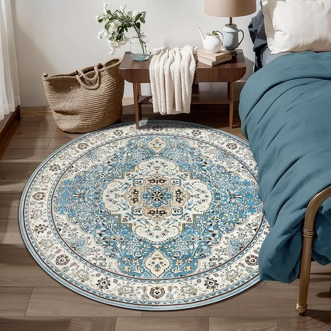 Ciicool Washable Area Rug Round 4’x4’ Boho Bedroom Rug Non-Slip Oriental Entry Throw Rug Low-Pile Indoor Floor Carpet for Living Room Laundry Foyer Decor (Vintage Blue)
