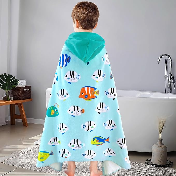 VOOVA & MOVAS Kids Beach Towels with Hood,(3-10 Years, 30''X50),Absorbent 100% Cotton Towel Wrap for Boys, Perfect for Toddler Beach, Pool, Bath, Swimming, Fish