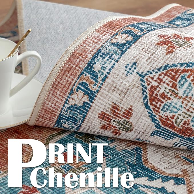 jinchan Area Rug 8x10 Washable Living Room Rug Indoor Large Vintage Floor Cover Distressed Rusty Red Multi Lightweight Non Slip Thin Carpet for Kitchen Bedroom Dining Room