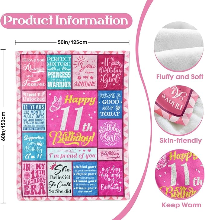 11 Year Old Girl Birthday Gifts, Birthday Gifts for 11 Year Old Girl, 11 Year Old Girl Gifts Ideal, Cool Stuff for 11 Year Olds Girl, 11th Birthday Decorations for Girls, Girls Blanket 50"X60"