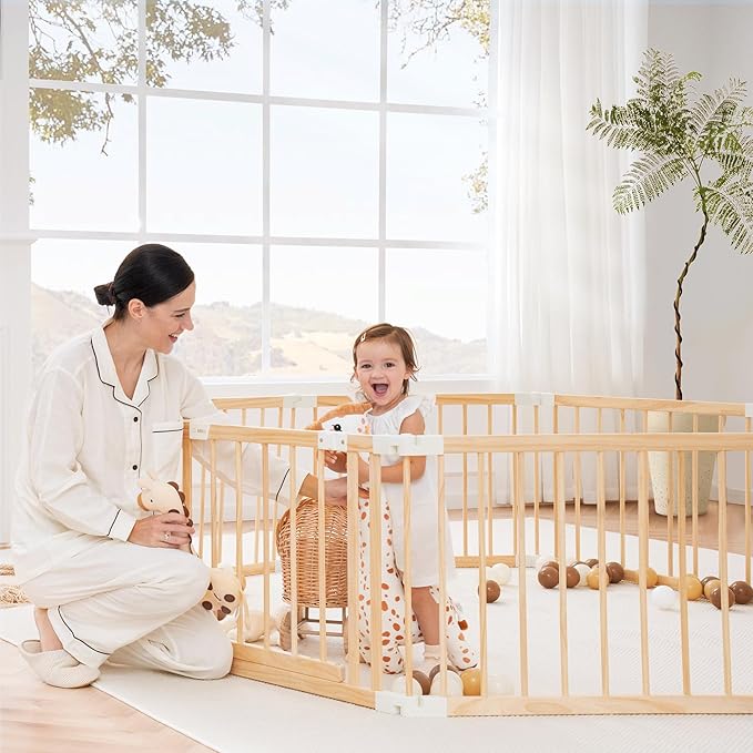 Wooden Playpen & Play Yards for Babies and Toddlers, Foldable Wood Baby Play Fence with Locking Gate, Kids Activity Area Center Indoor Outdoor, Pinewood