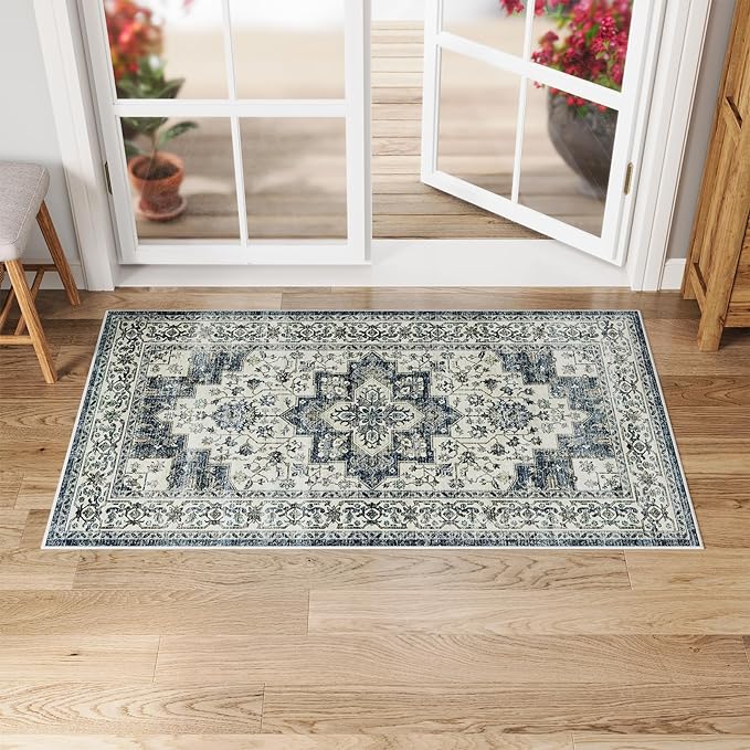 Dripex Vintage Washable Area Rug - 2x4 Indoor Door Mat Oriental Medallion Accent Throw Rug Distressed Foldable Non-Slip Low-Pile Bathroom Kitchen Rug for Entryway Laundry Room Living Room Bedroom