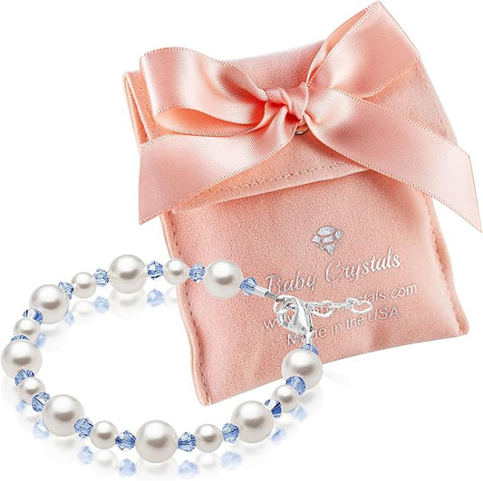 Sterling Silver Initial Charm Personalized Birthstone Bracelets for Girls, Baby Girl, Birthday Gifts for, Newborn, infant, Toddler, Teen, Pearl Bracelet, Birthstone Jewelry Crystals