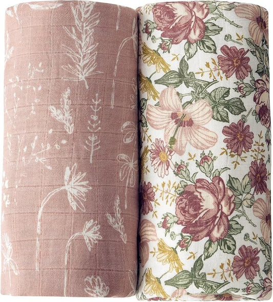 Little Jump 2 Pack Western Wild Flowers Muslin Swaddle Blankets for Baby Girls, Receiving Blanket Large 47 x 47 inches, Soft Breathable Muslin Baby Blanket for Newborn(Vintage Floral)