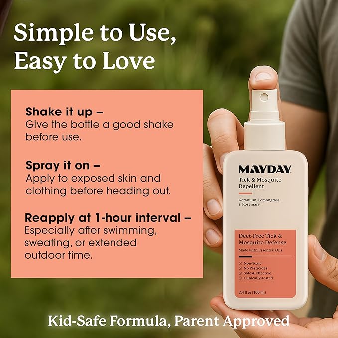 Mayday Tick & Mosquito Repellent – Deet-Free with Essential Oils – Geranium, Lemongrass & Rosemary – 3.4 oz (100 ml) – Non-Toxic, No Pesticides, Safe & Effective – Mosquito and Tick Repellent