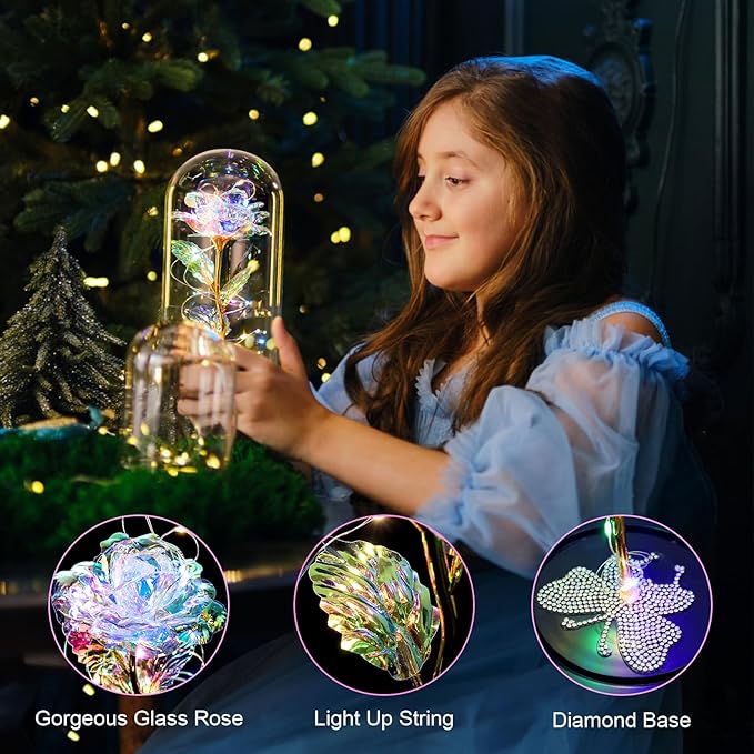DEEMEI Birthday Gift for Women Gold Rose Eternal Flower USB Light Up Rose in Glass Dome Anniversary Flowers for Delivery Prime Mothers Day Presents Flowers Gifts for Her Grandma Girlfriend Wife
