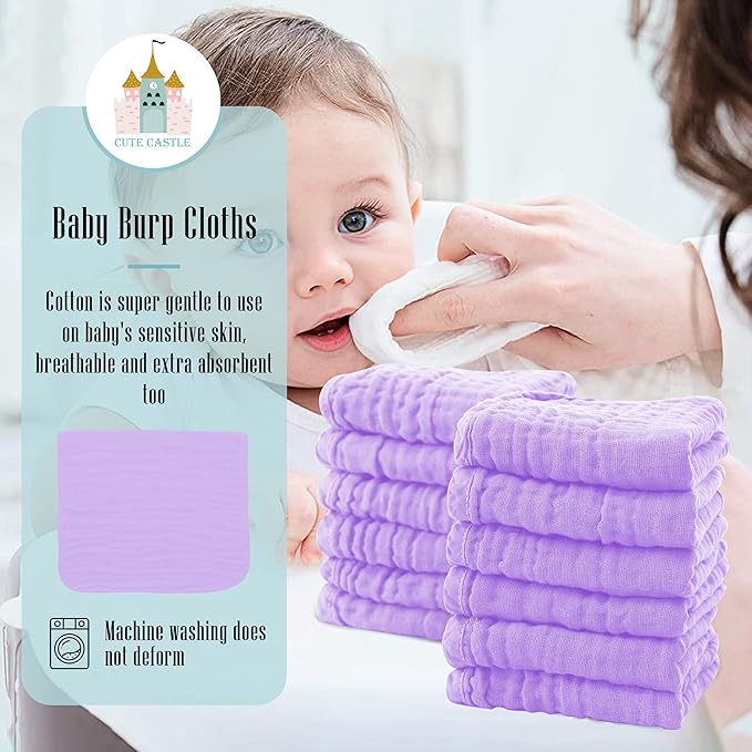 24 Pack Muslin Burp Cloths for Baby - Ultra-Soft 100% Cotton Baby Washcloths - Large 20'' by 10'' Super Absorbent Milk Spit Up Rags - Burpy Cloths for Unisex, Boy, Girl - Purple