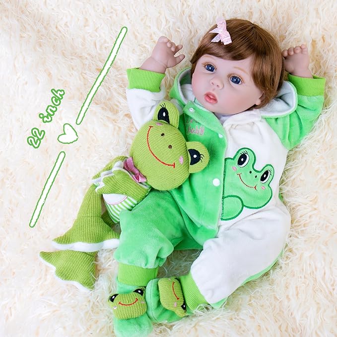 Reborn Baby Dolls 22-Inch Realistic Baby Doll Soft Cloth Body Real Life Baby Dolls with Green Frog Clothes Toys Accessories Birthday Gift Set for Kids 3+