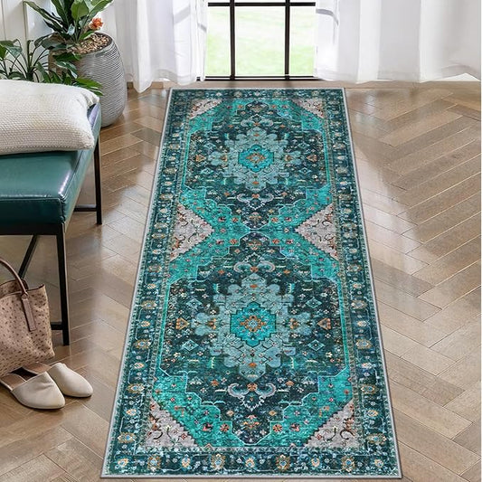 Ciicool Washable Runner Rug Nonslip, 2'x6' Teal Hallway Rug Non-Slip Vintage Kitchen Rugs Carpet Runner for Bedroom Laundry Bathroom Decor