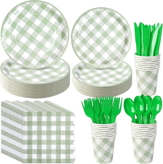 175 Pcs Sage Green Gingham Plates and Napkins Set, Sage Gingham Party Supplies with Paper Plates Napkins Cups Plastic Spoons Forks Knives for Wedding Picnic Baby Shower Decorations