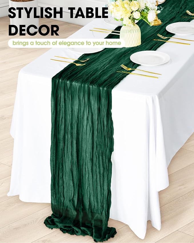 Pureegg 2-Pack Cheese Cloths Table Runner, 120'' Boho Table Cloth Decorations for Party, Baby Shower, Wedding and Farmhouse, Fabric Room Decor, Emerald Green
