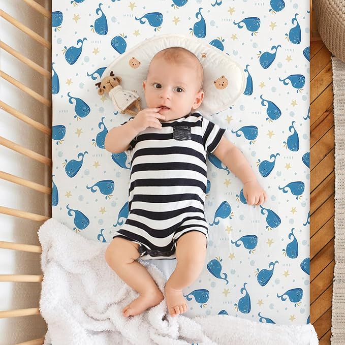 Pack n Play Flat Sheet 2 Piece Mini Crib Sheet Elastic Playard Sheet Set Portable Sheet Set Elastic Convertible Playmat Compatible Graco Pack n Play (Owl and Tree Bag) (Bubble Whale and Forest)