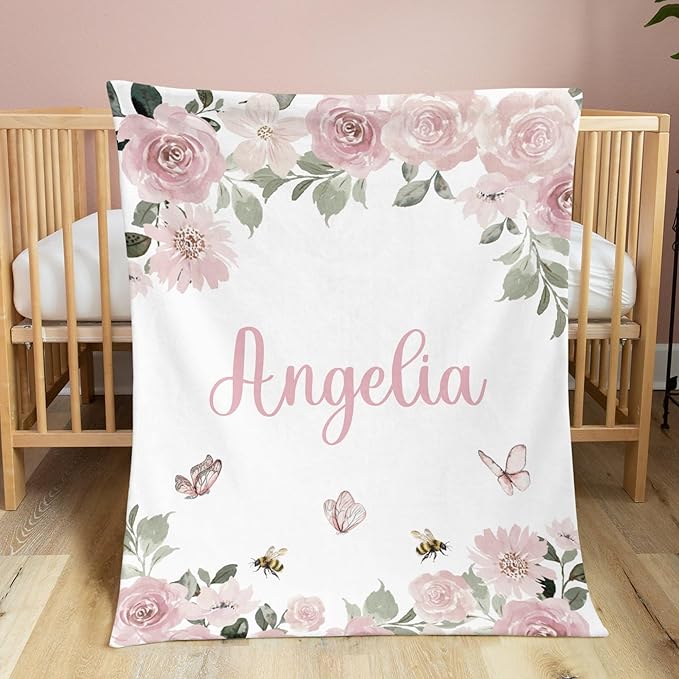 Personalized Baby Blanket for Girls Floral Butterfly Custom Baby Blankets with Name Dotted Backing Customized Gifts for New Mom Customize Baby Blanket for Kids Newborn Birthday Pink
