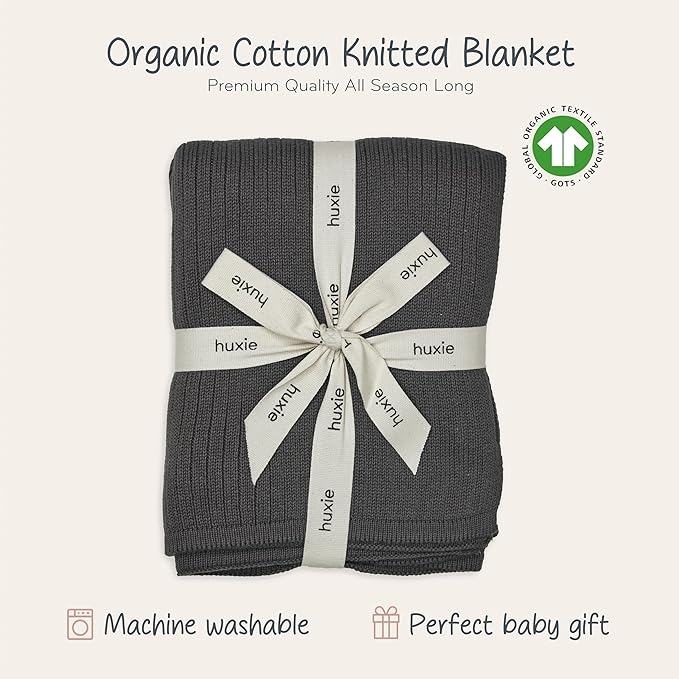 Knitted Organic Cotton Baby Blanket- Swaddle Blanket, 30" x 40" Soft Receiving Blanket for Newborn (Stone Grey)
