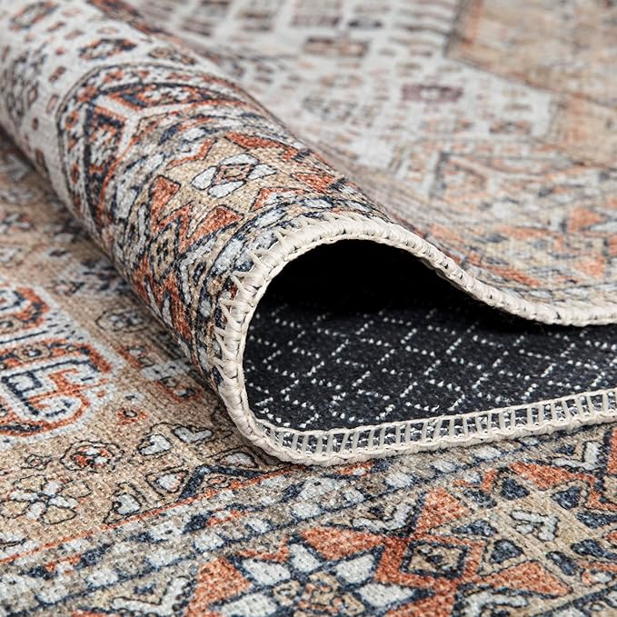 Bloom Rugs Washable Non-Slip 7 ft Runner - Sand/Orange/Purple Traditional Medallion Runner for Entryway, Hallway, Bathroom, and Kitchen - Exact Size: 2.5' x 7'