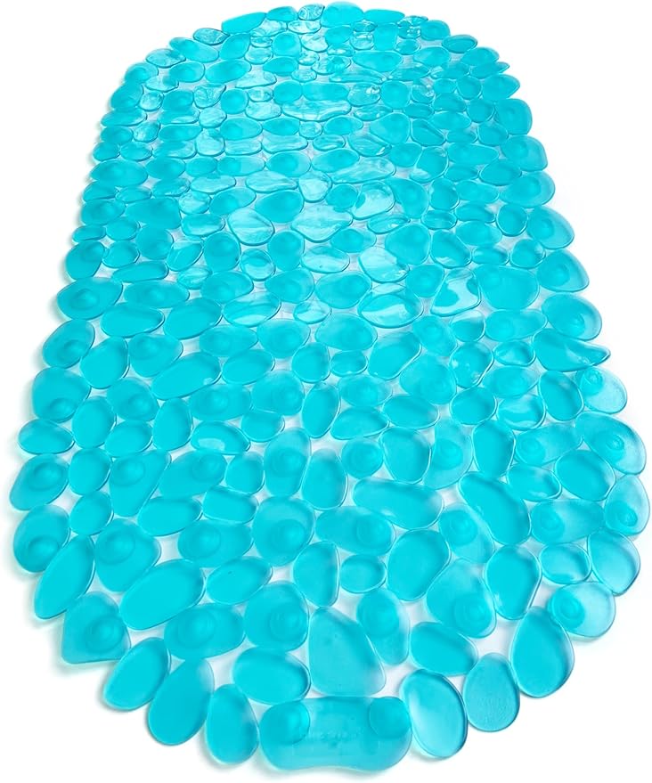 “Pebbles” Non-Slip Bathtub & Shower Mat 27”x14” Oval - Non-Toxic - Safe, Clean, Machine-Washable, Superior Grip & Drainage, Vinyl, for Smooth Floors ONLY, Transparent Turquoise