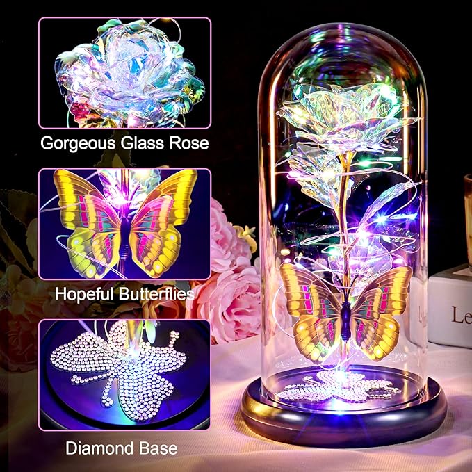 DEEMEI Birthday Gifts for Women Colorful Rose Eternal Flower Light Up Rose in Glass Dome with Butterfly, Flowers for Delivery Prime Mom Gift from Daughter Anniversary Wife Girlfriend Grandma Gift