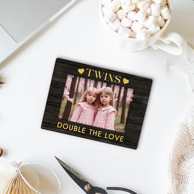 Twin Baby Gifts Picture Frame 4x6, Twin Mom Gifts Wooden Picture Frame, Baby Announcement Gift, Twins Must Haves for Newborn Double The Love Decorative Photo Frames for Table Desk Decor