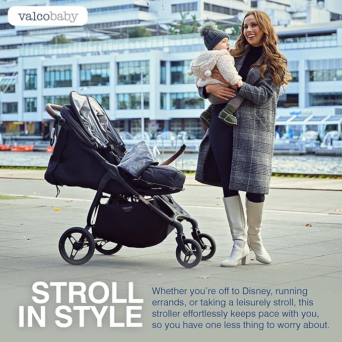 Valco Baby Trend Duo Light Weight Side by Side Double Stroller 2025(Charcoal) - Easy and Compact fold, Multi-Position Recline, Large Canopy, Independent Twin Vents and More - Luxurious Twin Pram