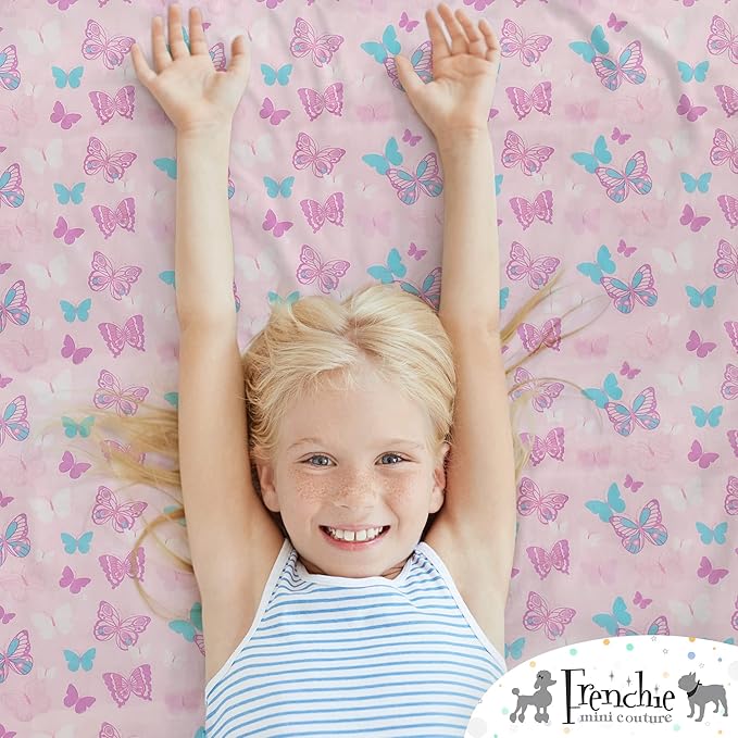 2-Piece Kids Twin Sheets Set, 100% Woven Cotton, Deep Pocket Bed Sheet 39 x 75 x 15in + Pillowcase 20 x 30, Butterfly (Pink)