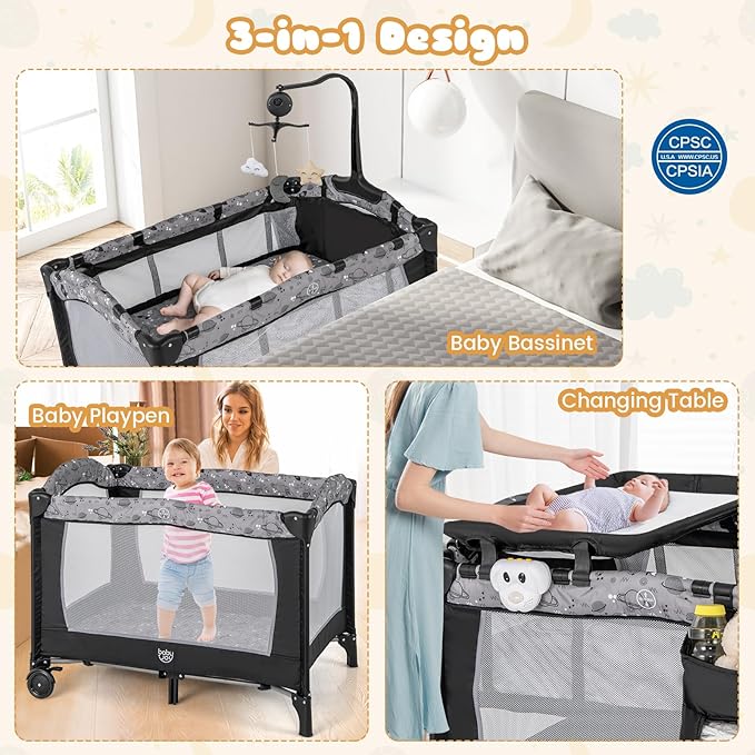 BABY JOY 3 in 1 Pack and Play, Portable Baby Playard with Bassinet, Changing Table, Lockable Wheels, Glowing Music Box, Travel Baby Crib Bassinet Bed from Newborn to Toddler