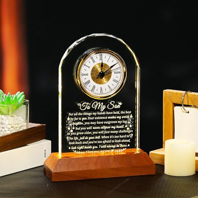 Meaningful Glass Clock Gifts for Son from Mom Dad Graduation with Wooden Light Base I Love You Personalised Glass Plaque Presents for Best Son Birthday Keepsakes for Him Table Decor