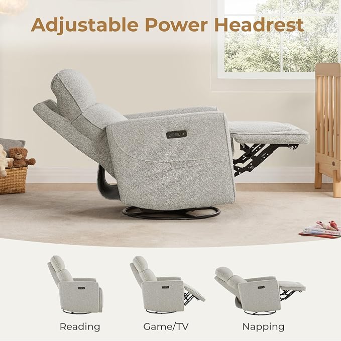 CHITA Electronic Power Recliner Chair Swivel Glider, FSC Certified Modern Nursery Rocking Chair with USB and Type-C Ports, Light Grey