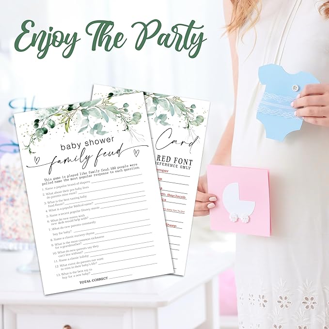 Greenery Baby Shower Game Cards - Set of 30 Family Feud - Double Sided Print Baby Announcement Gender Reveal Game Card for Parents to Be - Baby Shower Party Activities Supplies - A06