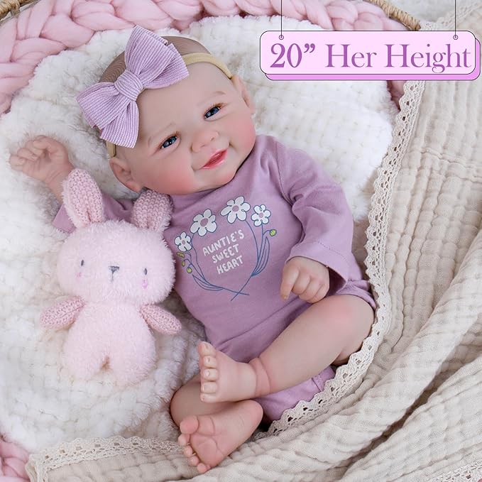 Aori Lifelike Reborn Baby Dolls - 20 Inch Realistic Smiling Girl Newborn Baby Doll with Weighted Body for Cuddling Poseable Soft Vinyl Limbs with Purple Outfit Set for Kids 3+ Role Play