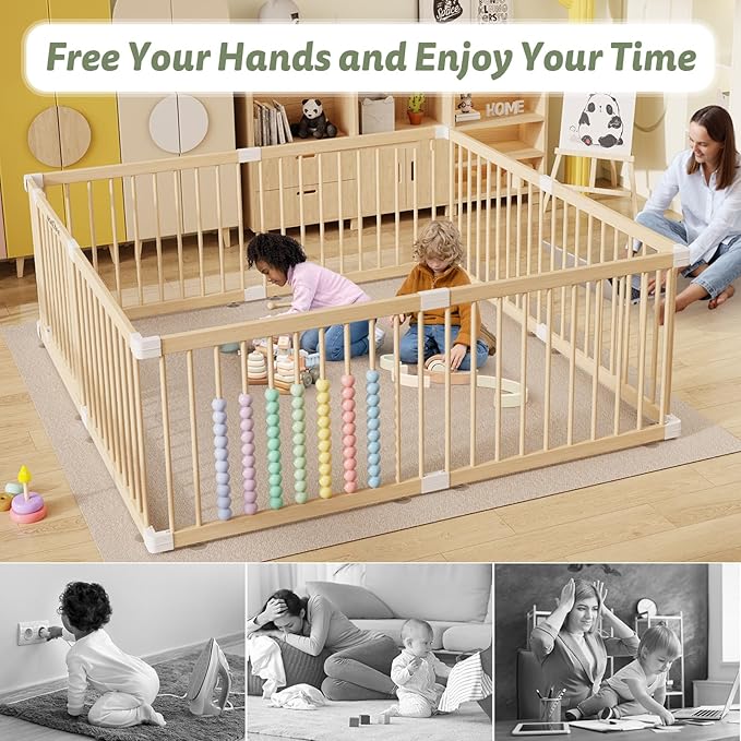 Large Wooden Baby Playpen - Size Adjustable Fence for Babies and Toddlers, Baby Play Yard with Locking Gate, Indoor Play Pen for Kids Activity Center 63.5”×63.5”