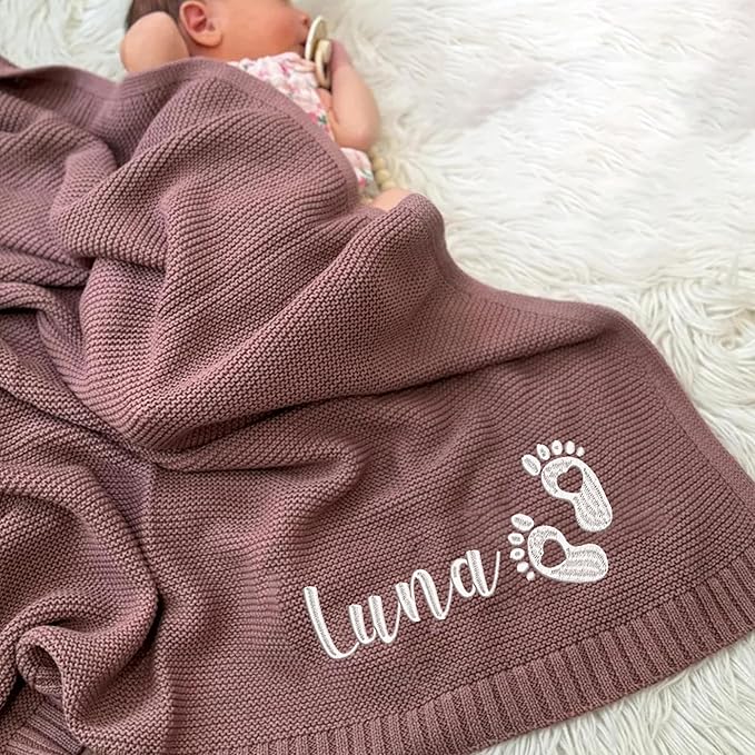 Personalized Name Baby Blanket, Embroidered Name Baby Blanket, Soft Breathable Cotton Knit Blankets, Newborn Babys Gift, New Mom Gifts, Newborn Babys Girl & Boy Gift, Birthday Shower Gifts