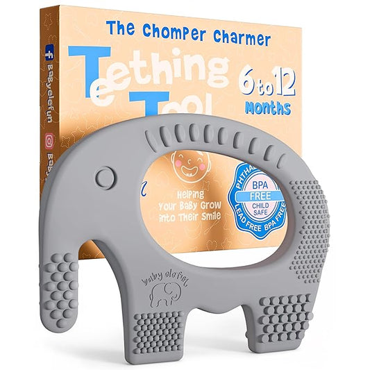 Teethers for Babies 6-12 Months - Baby Elefun 5x Pain Relief Toddler Teether. No More Ouch for Mom Anti Bite Trainer. Nurtures Grasping, Passing, Hand Eye Coordination. Silicone Baby Teething Toy Ring