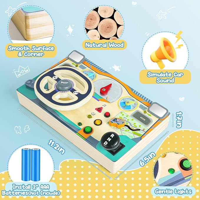 Busy Board Montessori Toys for 1 2 3 Year Old, Wooden Toddler Sensory Toys Busy Board with LED Lights Sound Switch, Toddlers Activity Travel Toy, Steering Wheel Toys Toddler Toy Gifts for Boys Girls