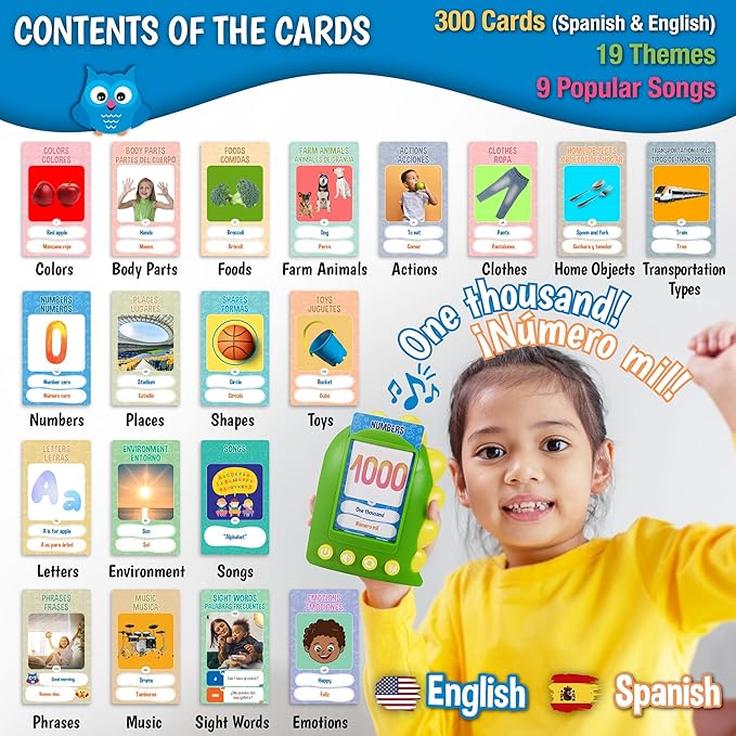 Spanish Flash Cards for Kids | Bilingual Talking Flashcards with Audio | English Learning Cards | Interactive Language Development Toy | Educational Flash Cards for Early Learning