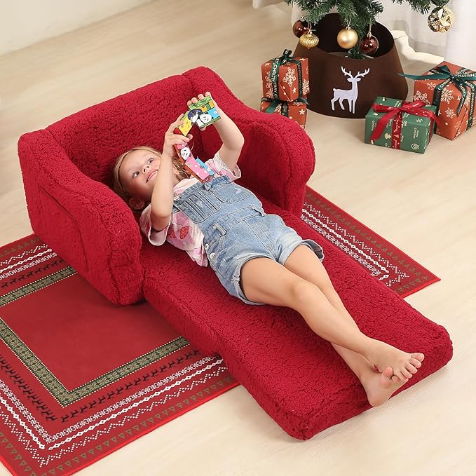 Kids Chairs for Toddler, 2-in-1 Toddler Soft Sherpa Couch Fold Out, Convertible Sofa to Lounger for Girls and Boys, Christmas Decor, Red