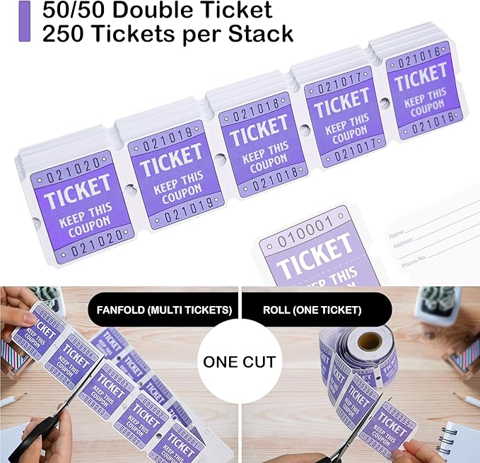 DGBDPACK 250 Raffle Tickets, 50/50 Raffle Tickets, Double Tickets for Festivals, Carnivals, School Events, Baby Showers, Summer Parties (Purple)