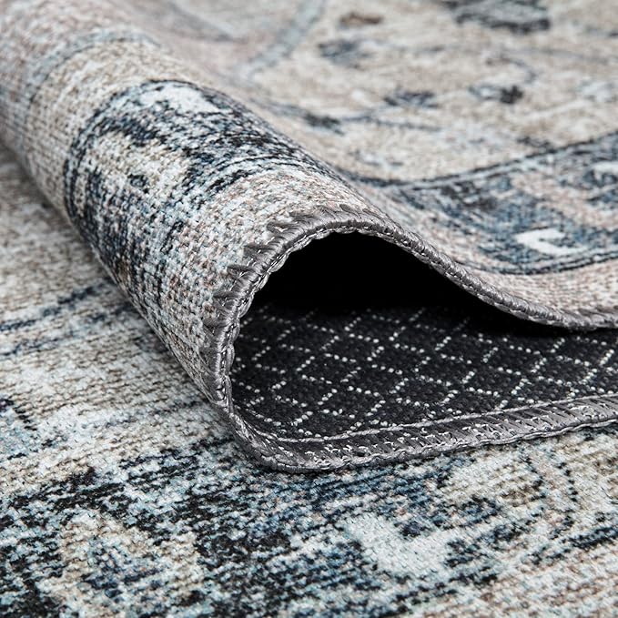 Bloom Rugs Washable Non-Slip 7 ft Runner - Pebble Gray/Blue Traditional Medallion Runner for Entryway, Hallway, Bathroom, and Kitchen - Exact Size: 2.5' x 7'