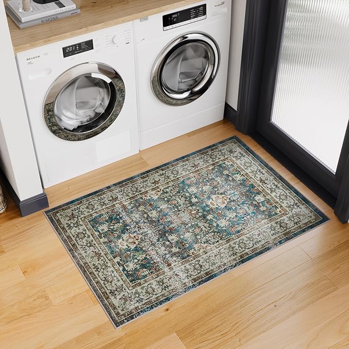 Dripex Vintage Washable Area Rug - 2x4 Indoor Door Mat Oriental Medallion Accent Throw Rug Distressed Foldable Non-Slip Low-Pile Bathroom Kitchen Rug for Entryway Laundry Room Living Room Bedroom