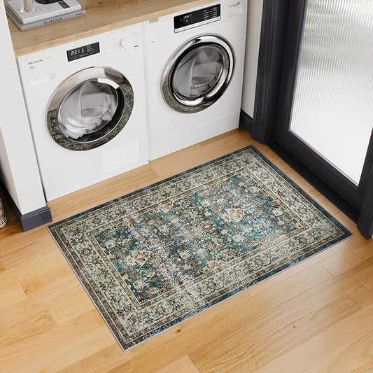 Dripex Vintage Washable Area Rug - 2x4 Indoor Door Mat Oriental Medallion Accent Throw Rug Distressed Foldable Non-Slip Low-Pile Bathroom Kitchen Rug for Entryway Laundry Room Living Room Bedroom