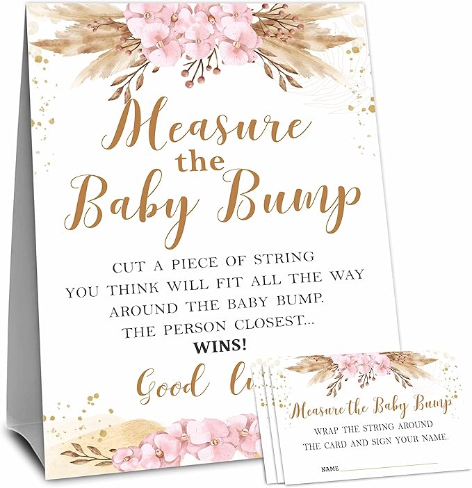 Boho Floral Baby Shower Measure Maternal Bump Game Set - Standalone Sign & 50 Tickets - Gender Reveal, Announcement & Shower Activity & Party Favor - A05