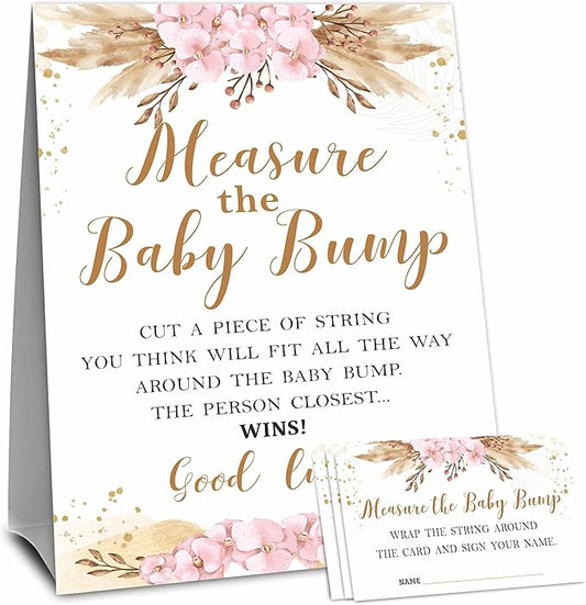 Boho Floral Baby Shower Measure Maternal Bump Game Set - Standalone Sign & 50 Tickets - Gender Reveal, Announcement & Shower Activity & Party Favor - A05