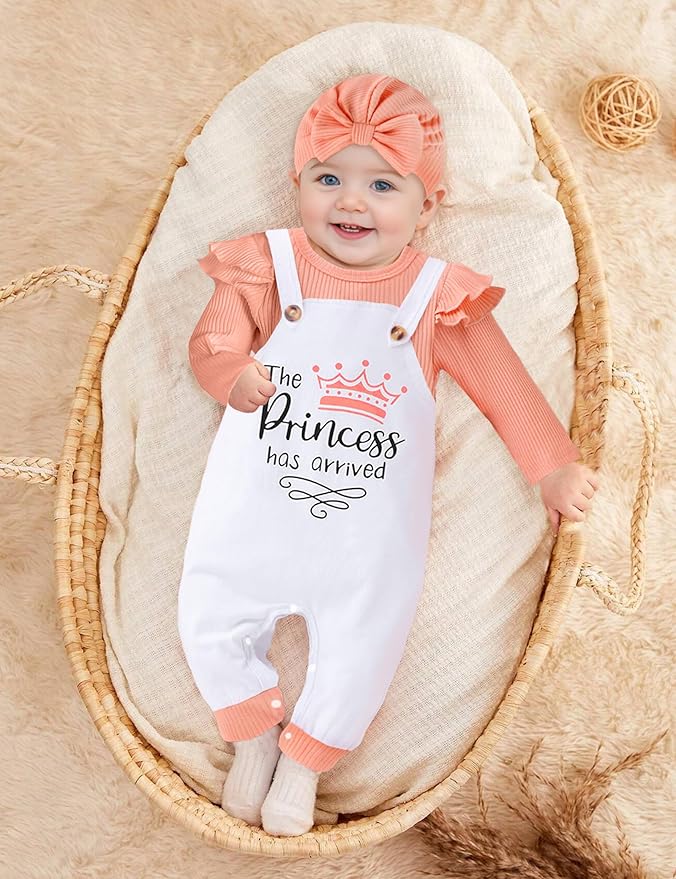 Baby Girl Clothes Patter&Letter Baby Girl Romper with Bow Hat&Headband and Gloves 4Pcs Baby Girl Coming Home Outfit