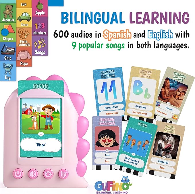 GUFINO – Spanish English Bilingual Flashcards for Toddlers 3-5 Years – Montessori Toys for 3+ Year Old, Preschool Supplies Learning Resources – Juguetes para Niñas de 3 Años o mayores. Pink