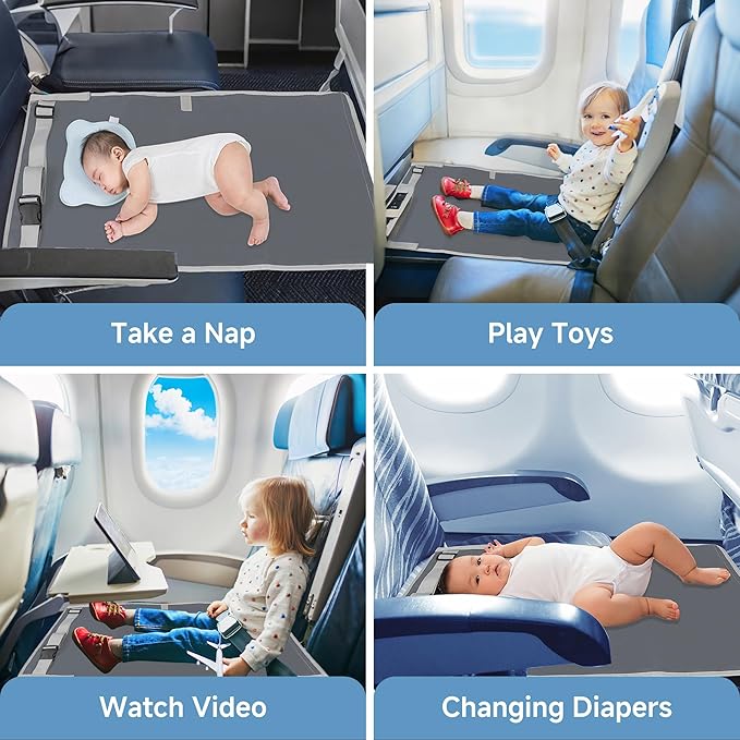 Toddler Airplane Bed, Portable Airplane Seat Extender for Kids, Durable Oxford Cloth – Waterproof and Easy to Clean, Flight Accessories for Toddlers Aged 1–4, Carry-On Compatible, Grey